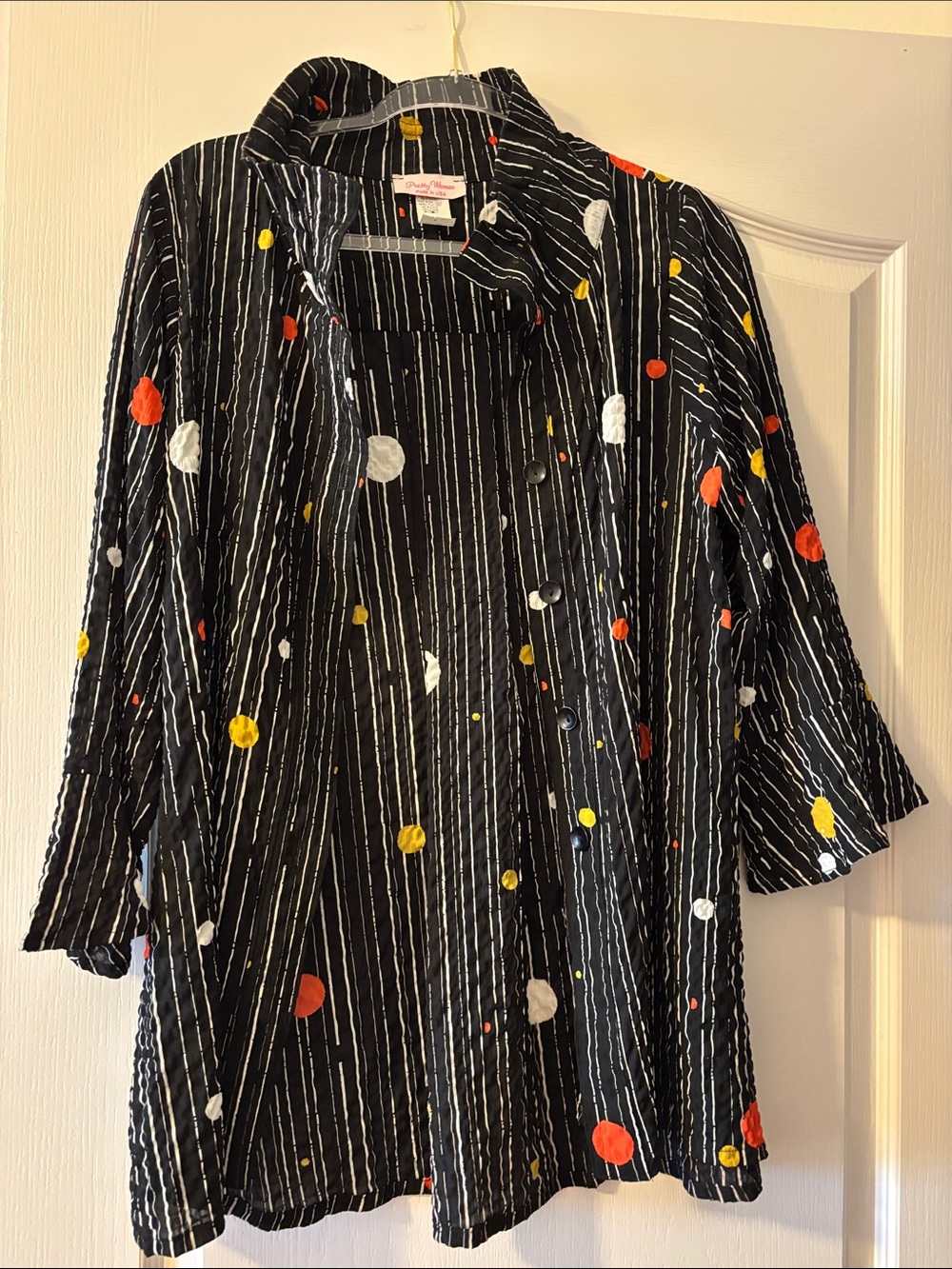 Vintage black and white striped crinkle blouse with dots by Pretty Woman. Medium